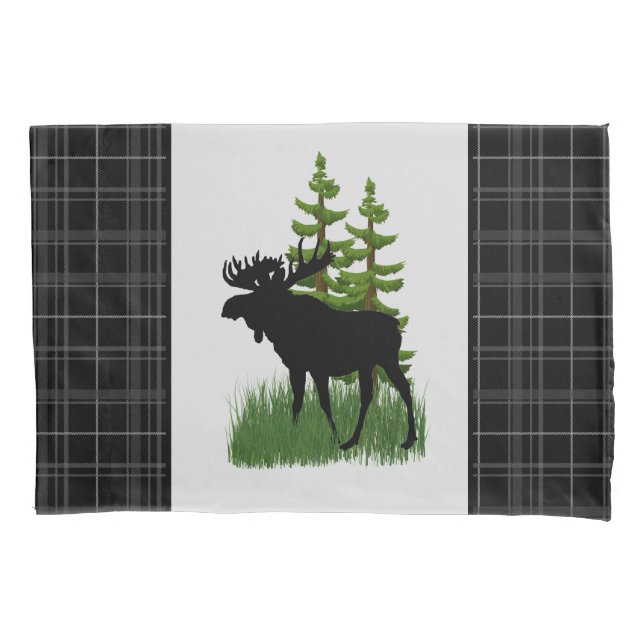 Rustic Cabin Style Black Plaid Moose Silhouette  Pillow Case (Front)