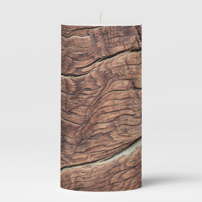 Rustic Cabin Style Natural Burl Wood Design Pillar Candle (Front)