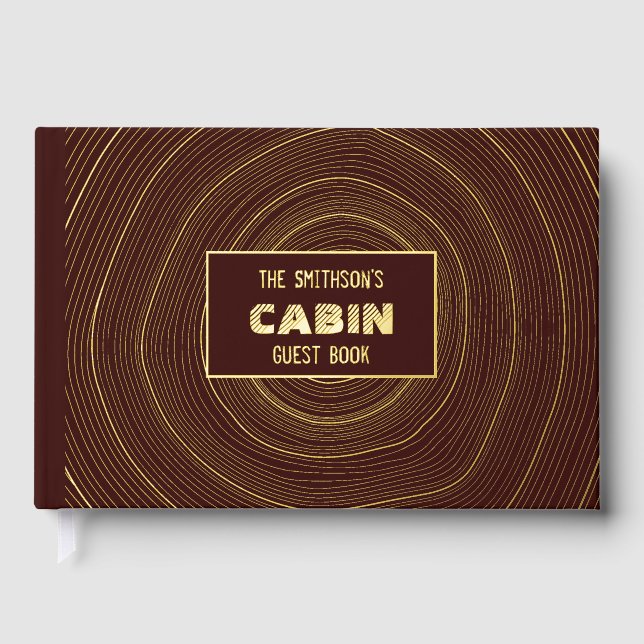 Rustic Cabin Vacation Home Rental Gold Tree Rings Foil Guest Book (Front)
