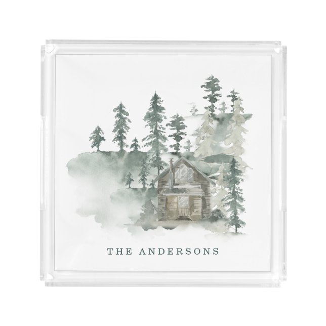 Rustic Cabin Watercolor Forest Green Family Name   Acrylic Tray (Front)