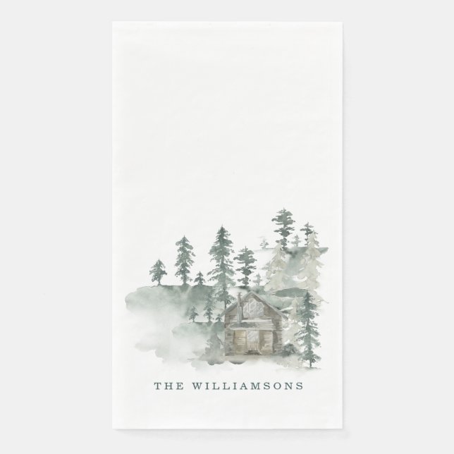 Rustic Cabin Watercolor Forest Green Family Name Paper Guest Towels (Front)