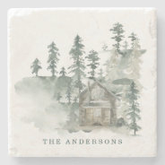 Rustic Cabin Watercolor Forest Green Family Name   Stone Coaster at Zazzle