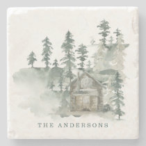 Rustic Cabin Watercolor Forest Green Family Name   Stone Coaster