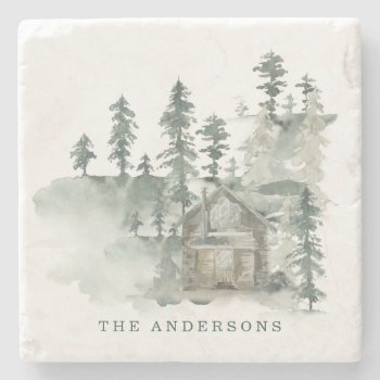 Rustic Cabin Watercolor Forest Green Family Name   Stone Coaster by LEAFandLAKE at Zazzle