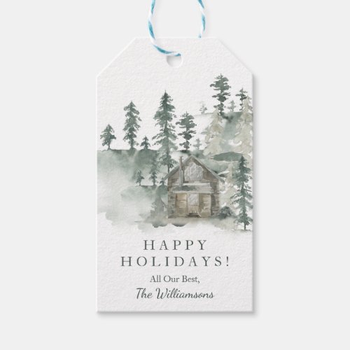 Rustic Cabin Watercolor Forest Green Personalized  Gift Tags