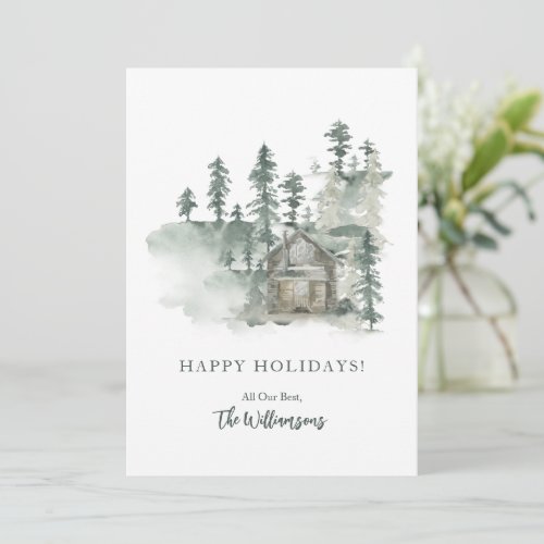 Rustic Cabin Watercolor Forest Green Personalized  Holiday Card