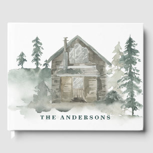 Rustic Cabin Watercolor Forest Green Welcome Guest Book