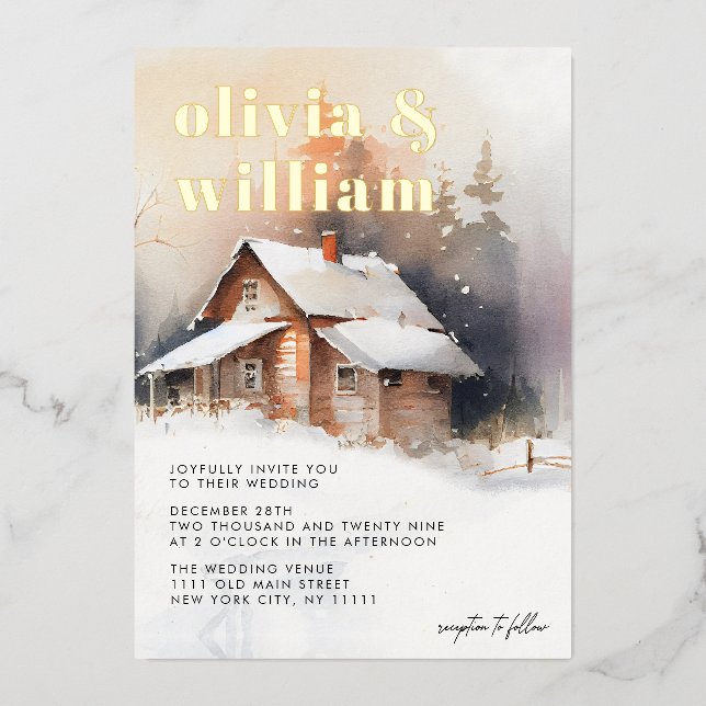 Rustic Cabin Watercolor Winter Wedding Foil Invitation (Front)