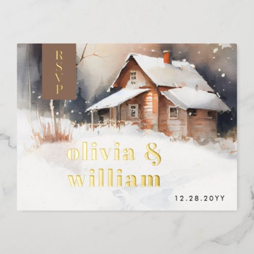 Rustic Cabin Watercolor Winter Wedding RSVP Foil Invitation Postcard