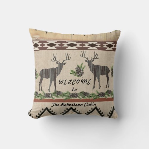 Rustic Cabin Welcome Family Name Deer Antlers Pine Throw Pillow