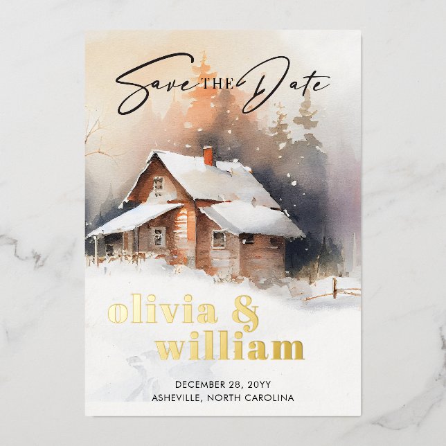 Rustic Cabin Winter Wedding Save The Date Foil Invitation (Front)