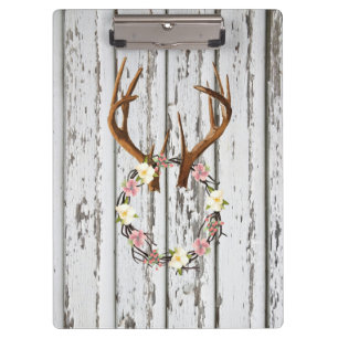 Rustic Cabin Wreath of Flowers on Antlers Design Clipboard