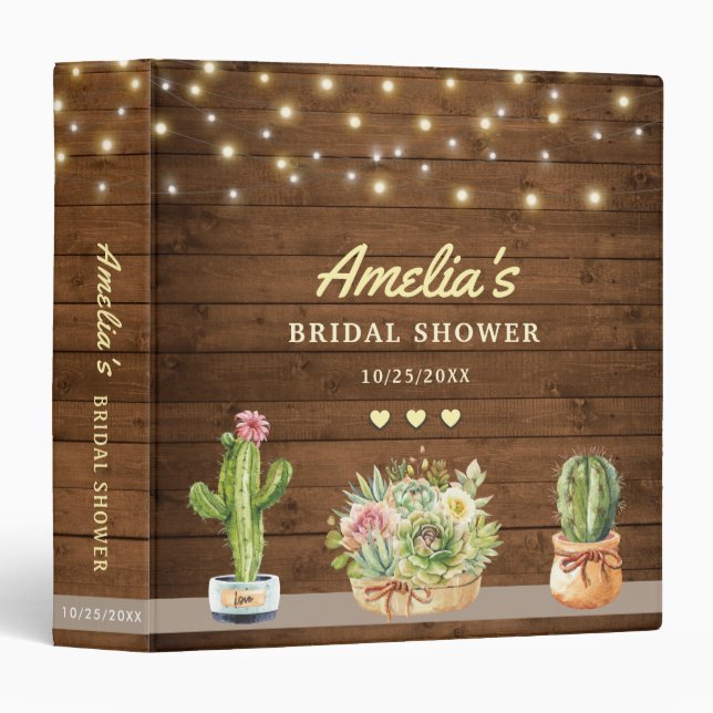 Rustic Cacti Succulent Bridal Shower Album Planner 3 Ring Binder (Front/Spine)