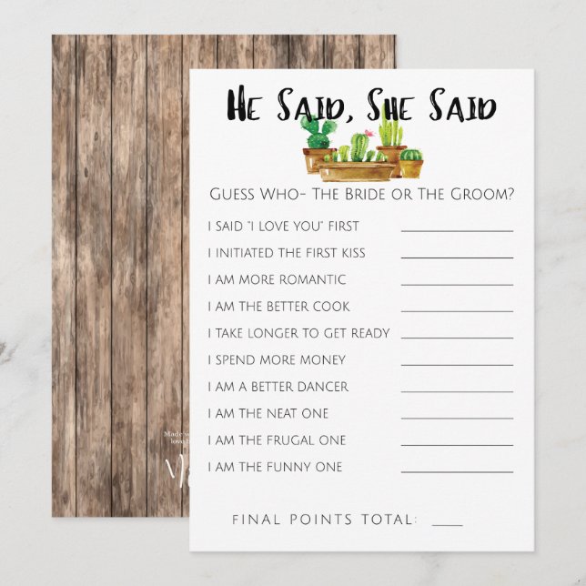 Rustic Cactus Bridal Shower Game-He/She Said Invitation (Front/Back)