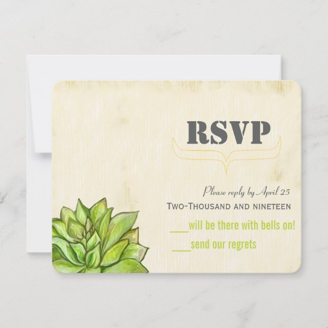 Rustic Cactus Succulent Modern Typography Wedding RSVP Card (Front)