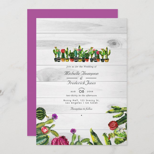 Rustic Cactus Succulents QR Code RSVP Wedding Invitation (Front/Back)