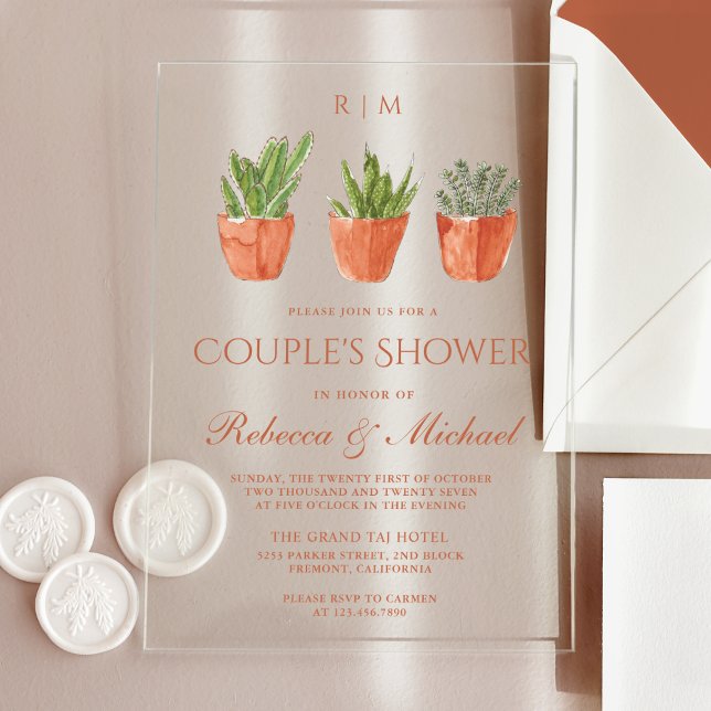 Rustic Cactus Terracotta Pots Couple's Shower Acrylic Invitations (Creator Uploaded)