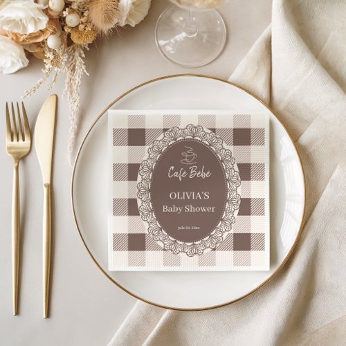 Rustic Cafe Bebe Taupe Buffalo Plaid Baby Shower Napkins