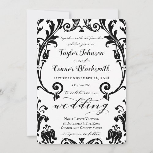 Rustic Calligraphy Black Damask Wedding Invitation