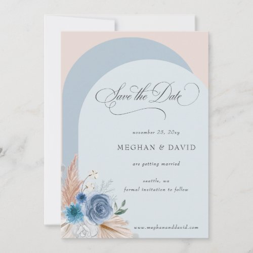 Rustic Calligraphy Boho Dusty Blue Pampas Save The Date