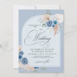 Rustic Calligraphy Boho Dusty Blue Pampas Wedding Invitation