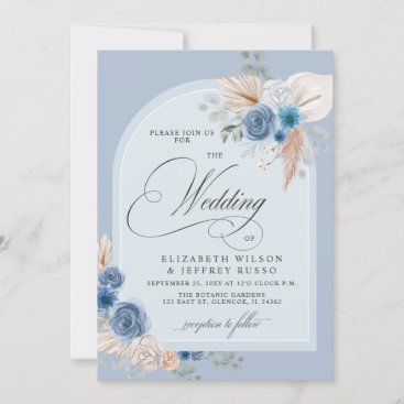Rustic Calligraphy Boho Dusty Blue Pampas Wedding Invitation