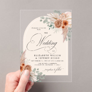Rustic Calligraphy Boho Terracotta Pampas Wedding Acrylic Invitations