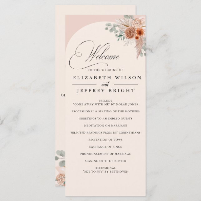 Rustic Calligraphy Boho Terracotta Pampas Wedding Program (Front/Back)