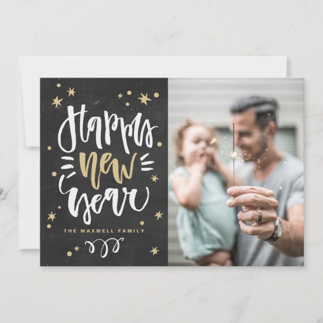 Rustic Calligraphy Chalkboard Photo Happy New Year Holiday Card (Front)