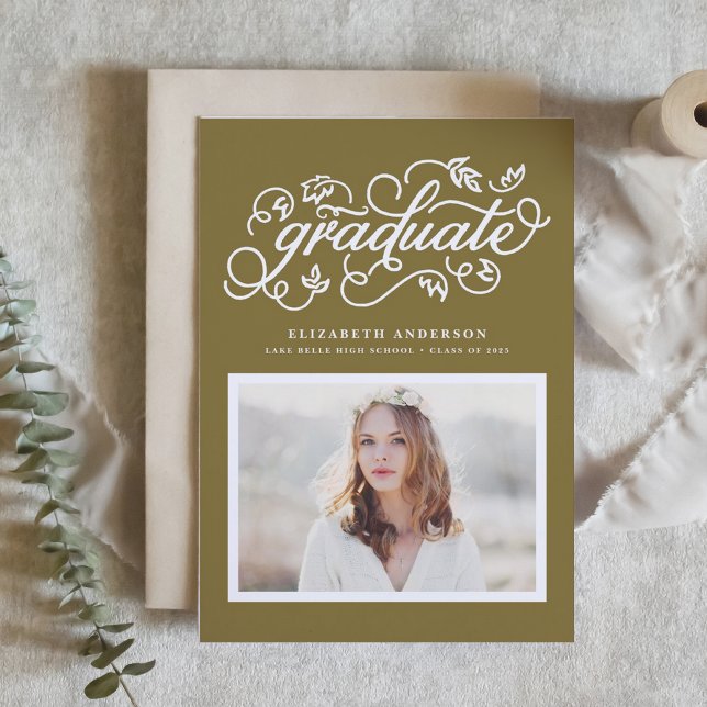 Rustic Calligraphy Gold Photo Graduation Invitation (Customizable photo graduation invitation featuring whimsical rustic calligraphy. )