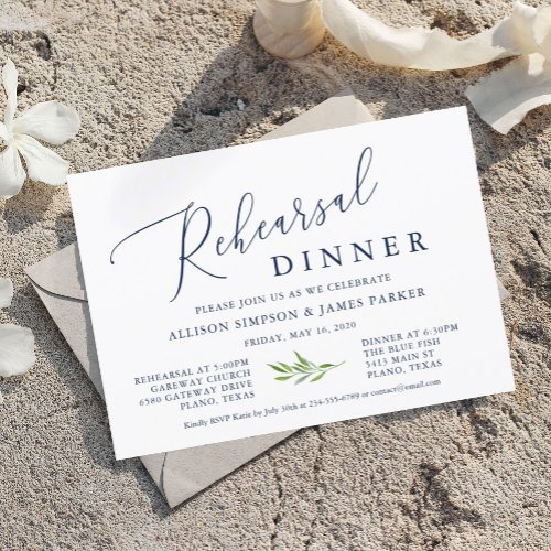 Rustic Calligraphy Greenery Navy Rehearsal Dinner Invitation