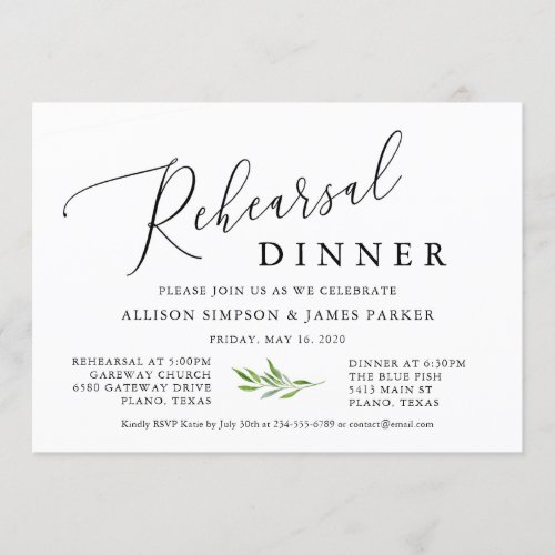 Rustic Calligraphy Greenery Rehearsal Dinner Invitation