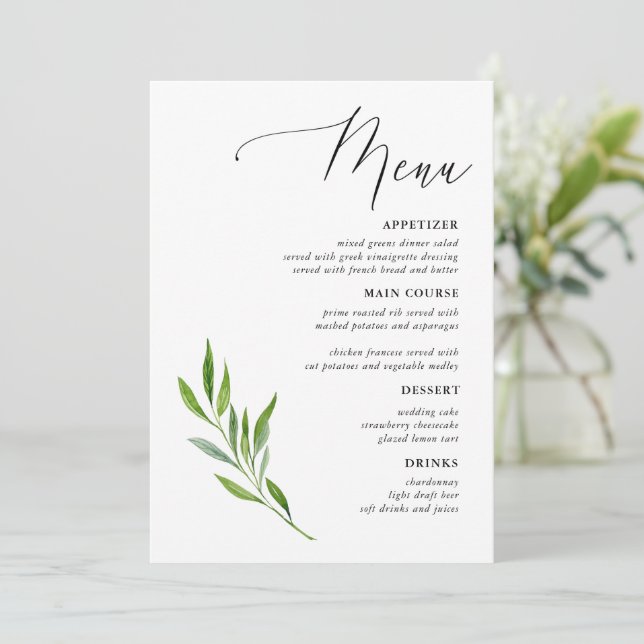 Rustic Calligraphy Greenery Wedding Menus (Standing Front)