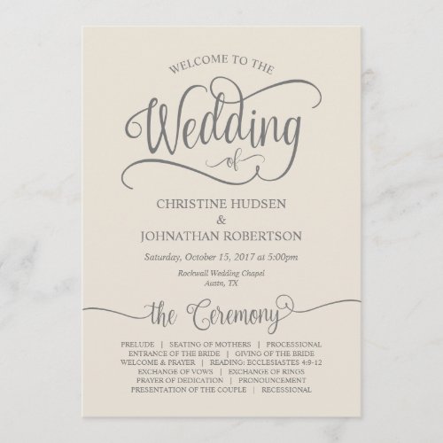 Rustic Calligraphy Grey Cream Wedding Ceremony Program