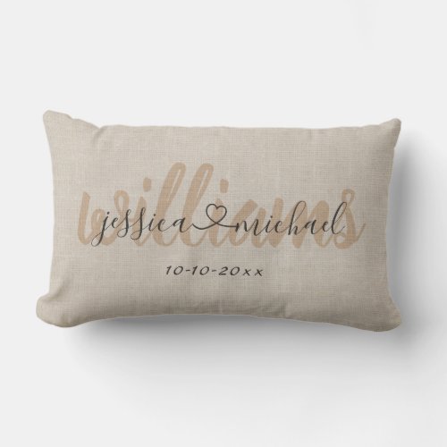 Rustic Calligraphy Names Joined by Heart Wedding Lumbar Pillow