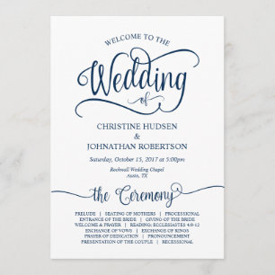 Rustic Calligraphy, Navy Blue, Wedding Ceremony Program