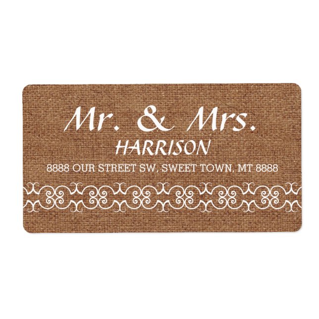Rustic Calligraphy Ornate Burlap Wedding Label (Front)