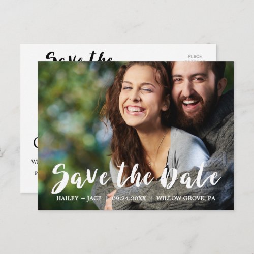 Rustic Calligraphy Overlay Save the Date Photo Announcement Postcard