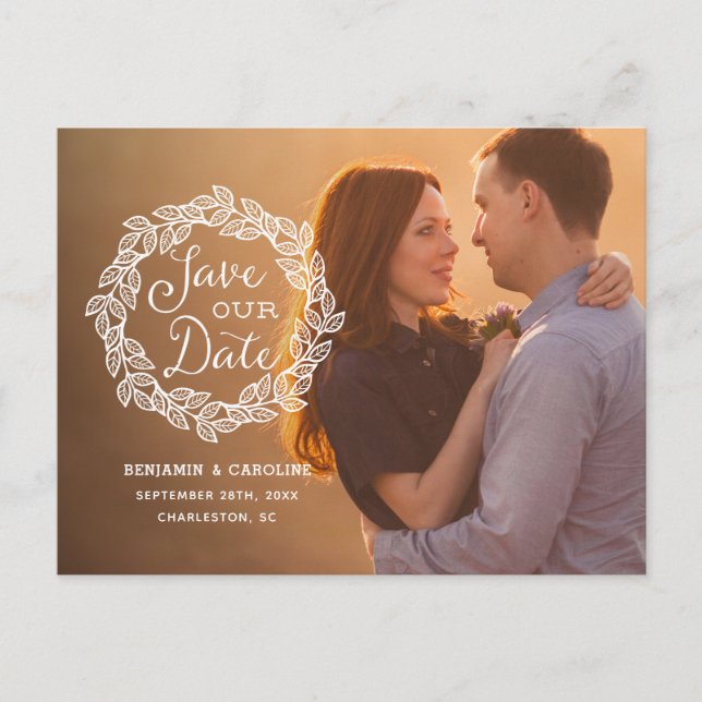 Rustic Calligraphy Photo Save the Date Announcement Postcard (Front)