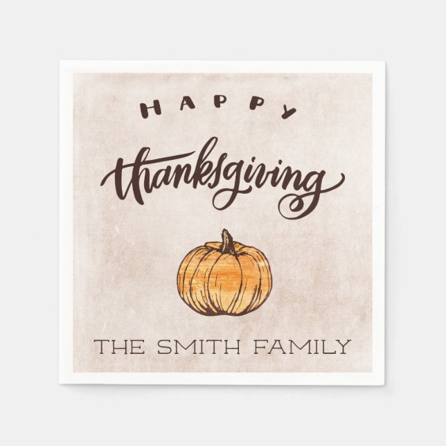 Rustic Calligraphy Thanksgiving Pumpkin Paper Napkins (Front)
