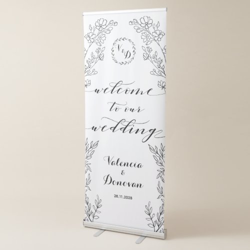 Rustic Calligraphy Wedding Floral Line Art Welcome Retractable Banner
