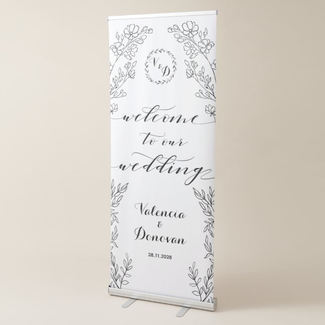 Rustic Calligraphy Wedding Floral Line Art Welcome Retractable Banner (3/4)