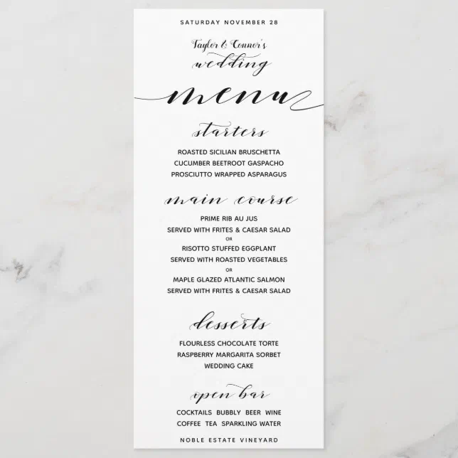 Rustic Calligraphy Wedding Open Bar Dinner Menu | Zazzle