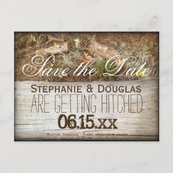 Rustic Camo And Wood Save The Date Postcards by CustomWeddingSets at Zazzle