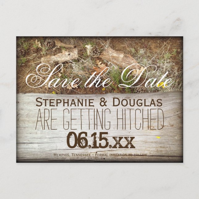 Rustic Camo and Wood Save the Date Postcards (Front)