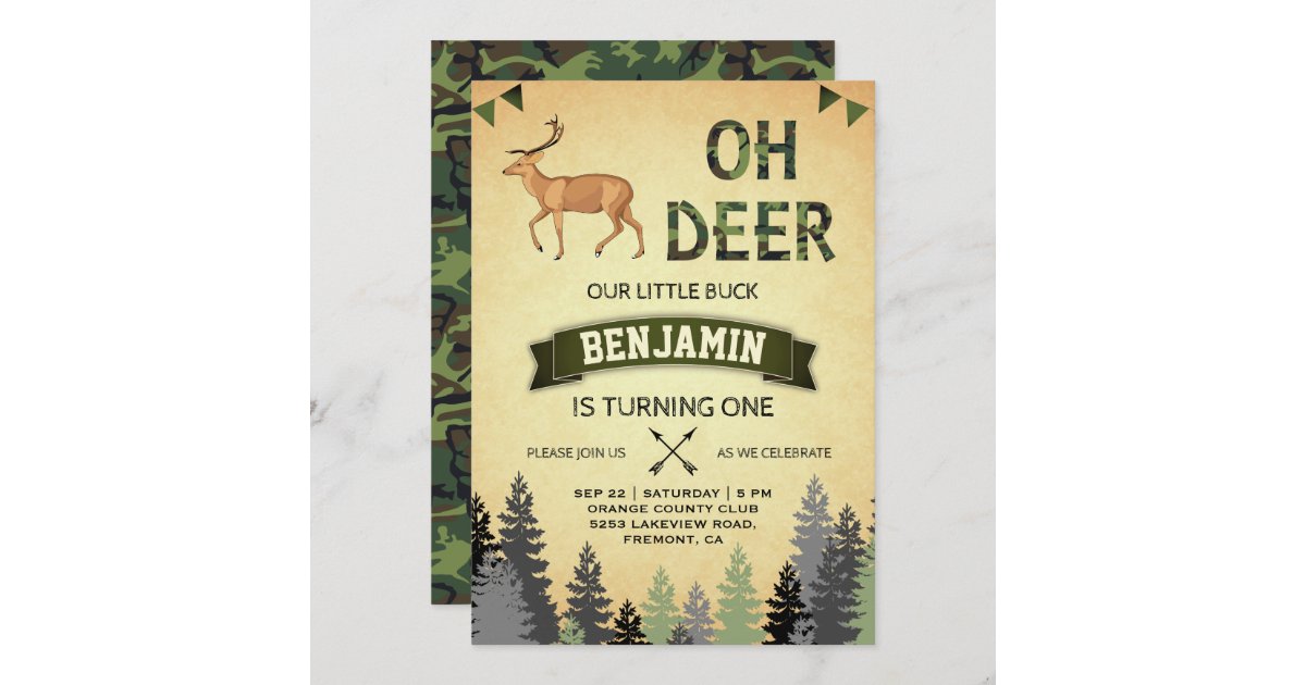 Rustic Camo Deer Hunting First Birthday Invitation | Zazzle