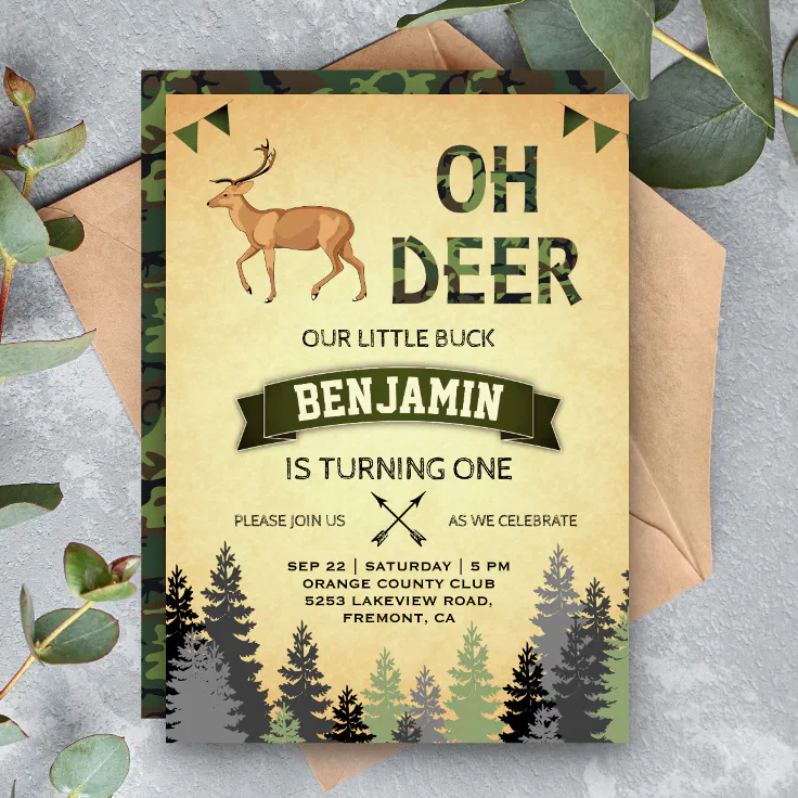 Rustic Camo Deer Hunting First Birthday Invitation 