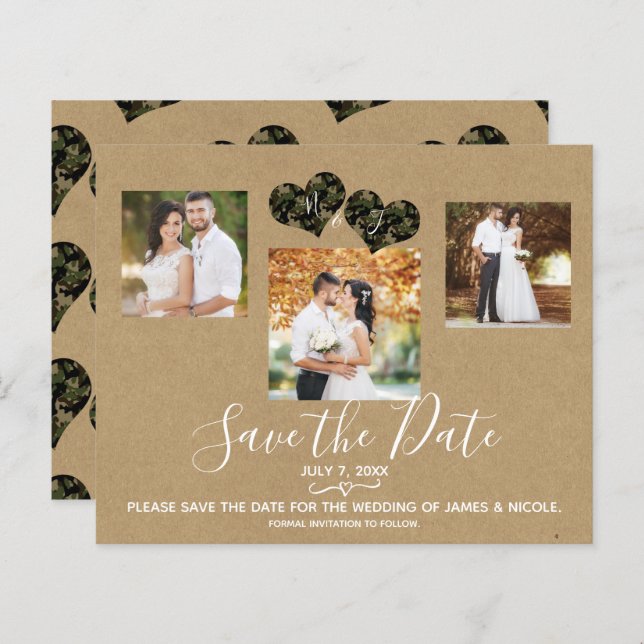 Rustic Camo Hearts Photo Wedding Save the Date (Front/Back)