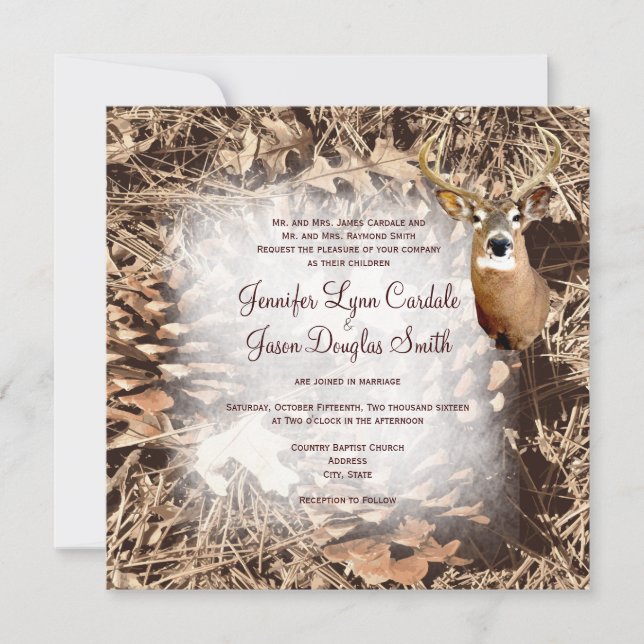 Rustic Camo Hunting Deer Antlers Wedding Invites (Front)