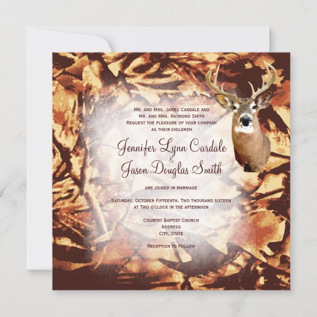 Rustic Camo Hunting Deer Antlers Wedding Invites (Front)